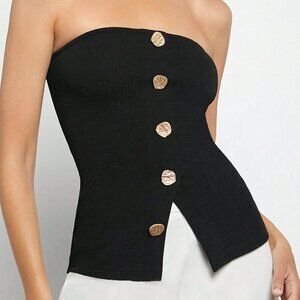 Black Casual Women's Button Front Split Hem Bandeau Top